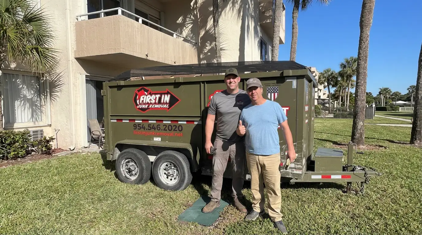 First In Junk Removal team with branded trailer